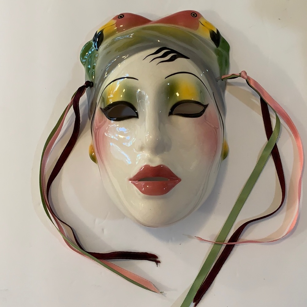 ABOUT FACE CERAMIC MASK BY “CLAY ART”..GLAZED WITH ORIGINAL LABEL VINTAGE